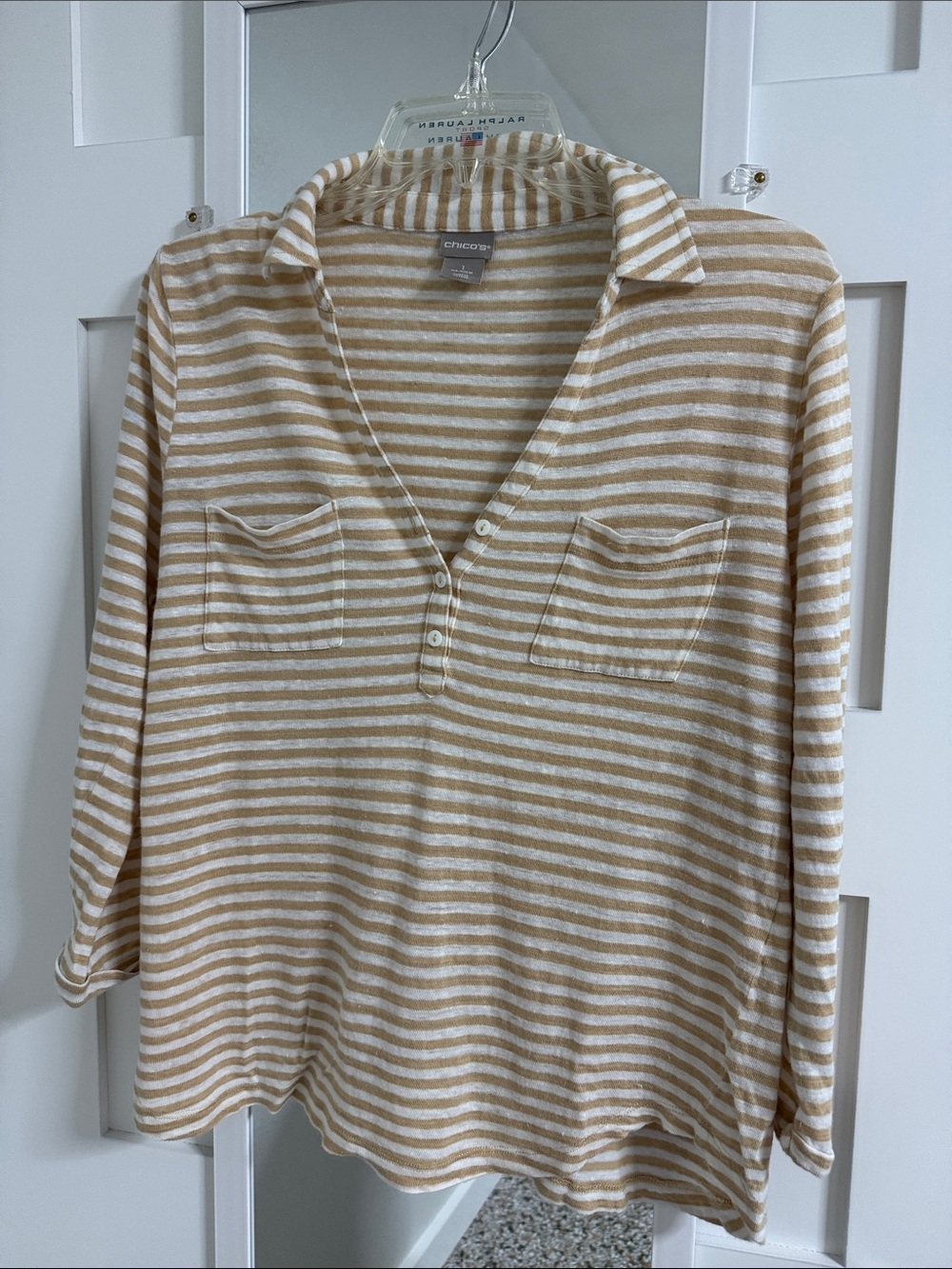 Chico’s Beige and White Striped linen Top